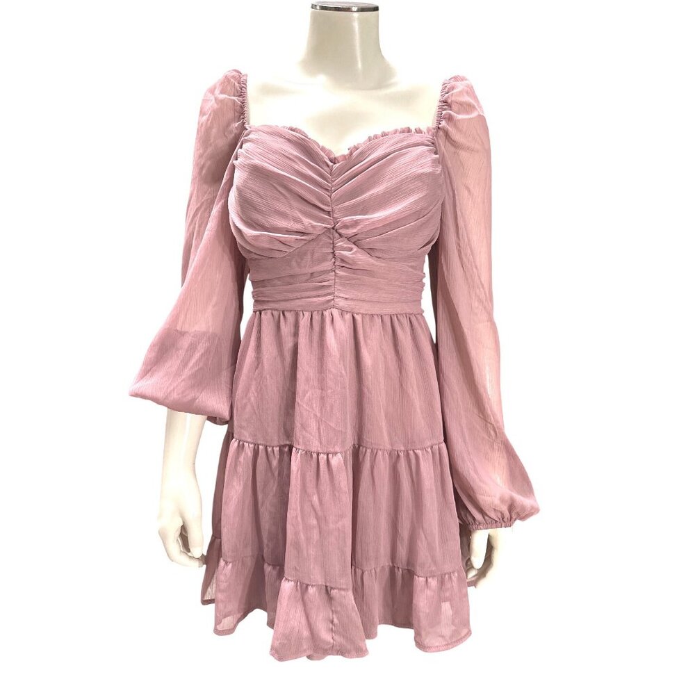 Windsor L Mauve Ruched Bust Smocked Back Puff Sleeve Tiered Mini Dress Party Y2K - Picture 2 of 10
